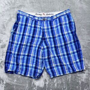 Tommy Bahama Plaid Shorts Mens‎ Sz 33 Blue Linen Blend Casual Beach Summer Boho